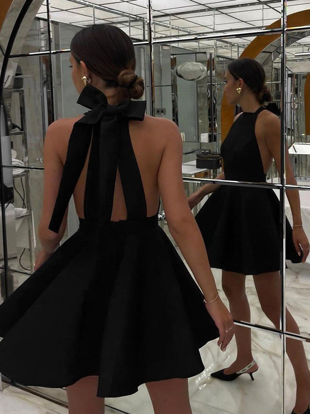 French Style Black Lace-Up Halter Dress