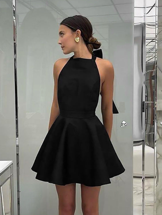 French Style Black Lace-Up Halter Dress