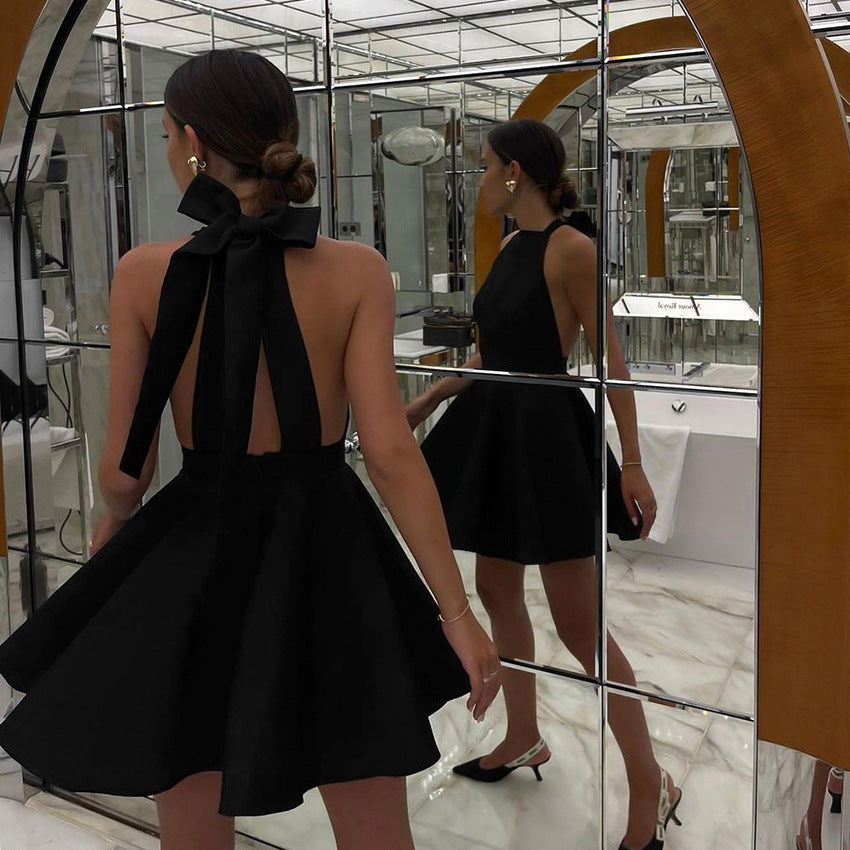 French Style Black Lace-Up Halter Dress